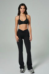 'Angelina Flare' High Waist Leggings with Ruched Waistband | Black