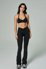 'Angelina Flare' High Waist Leggings with Ruched Waistband | Black