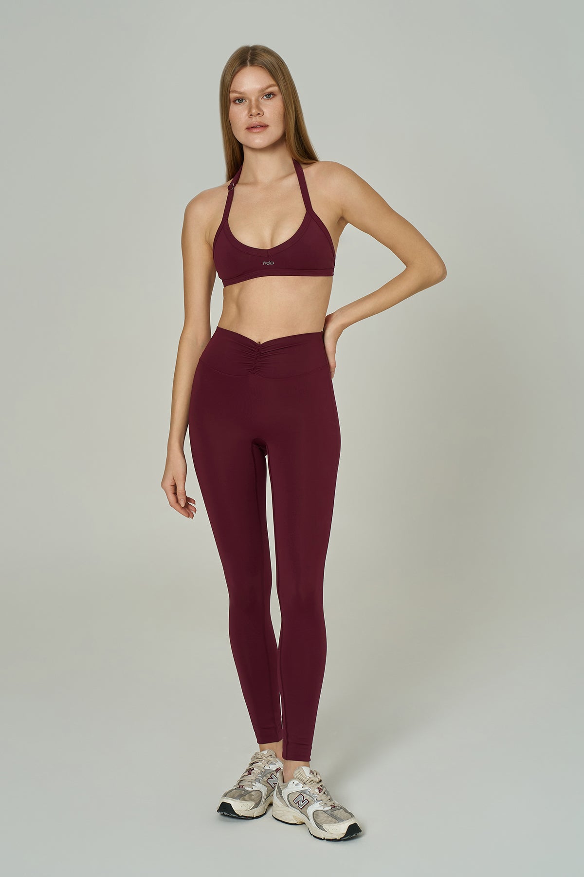 'Angelina Classic' High Waist Leggings with Ruched Waistband | Burgundy
