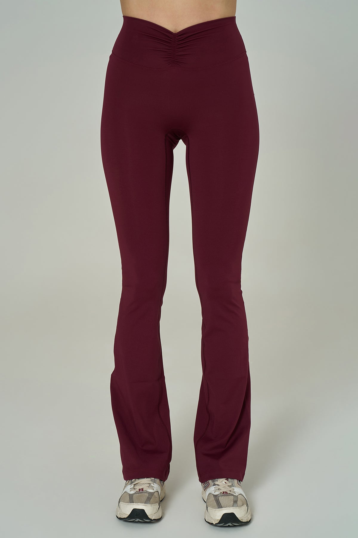 'Angelina Flare' High Waist Leggings with Ruched Waistband | Burgundy