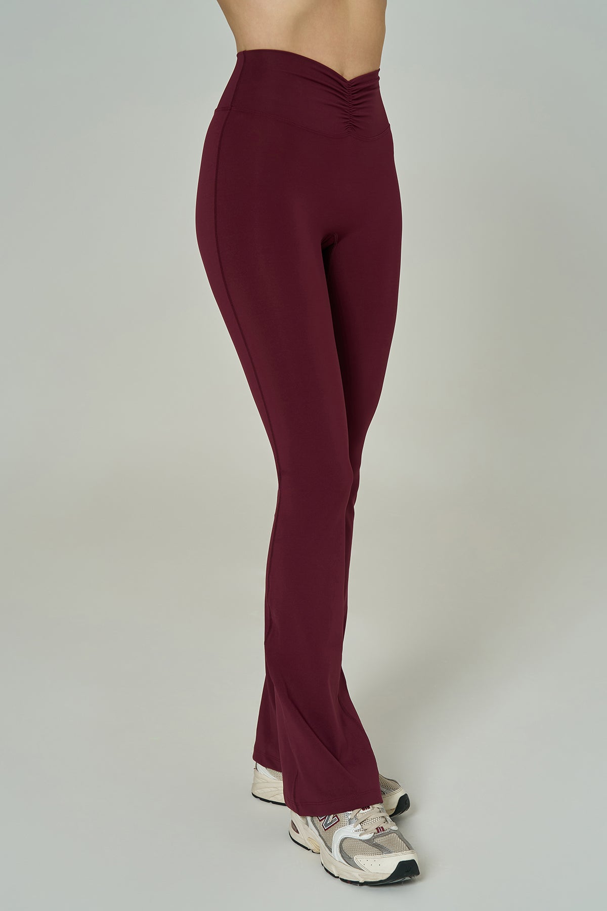 'Angelina Flare' High Waist Leggings with Ruched Waistband | Burgundy