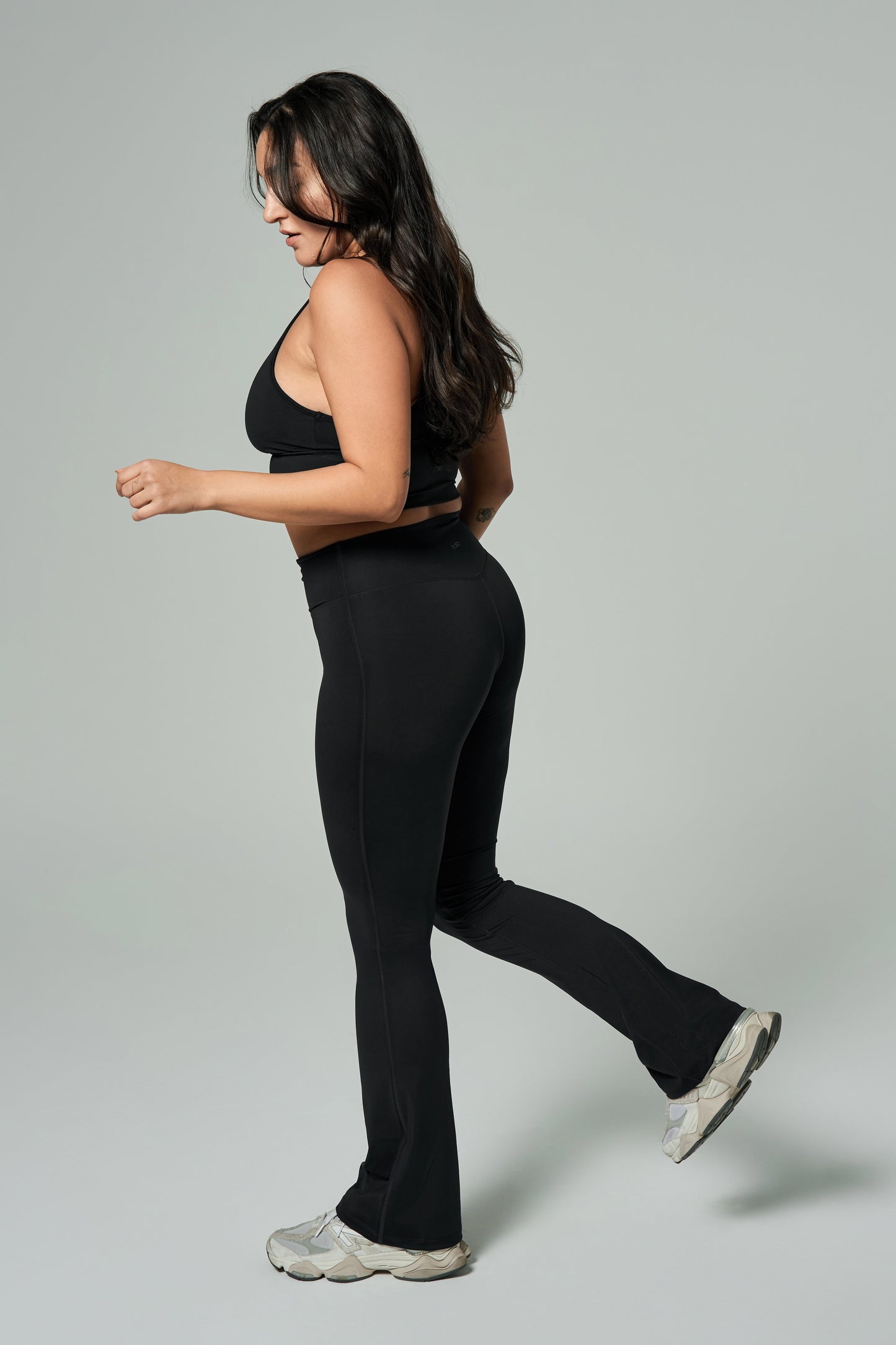 'Angelina Flare' High Waist Leggings with Ruched Waistband | Black