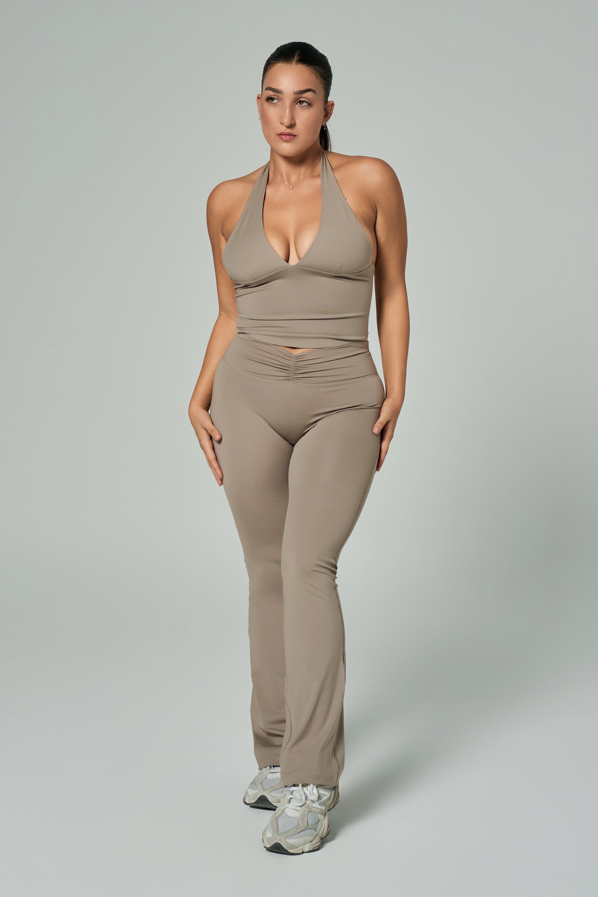 'Angelina Flare' High Waist Leggings with Ruched Waistband | Mink